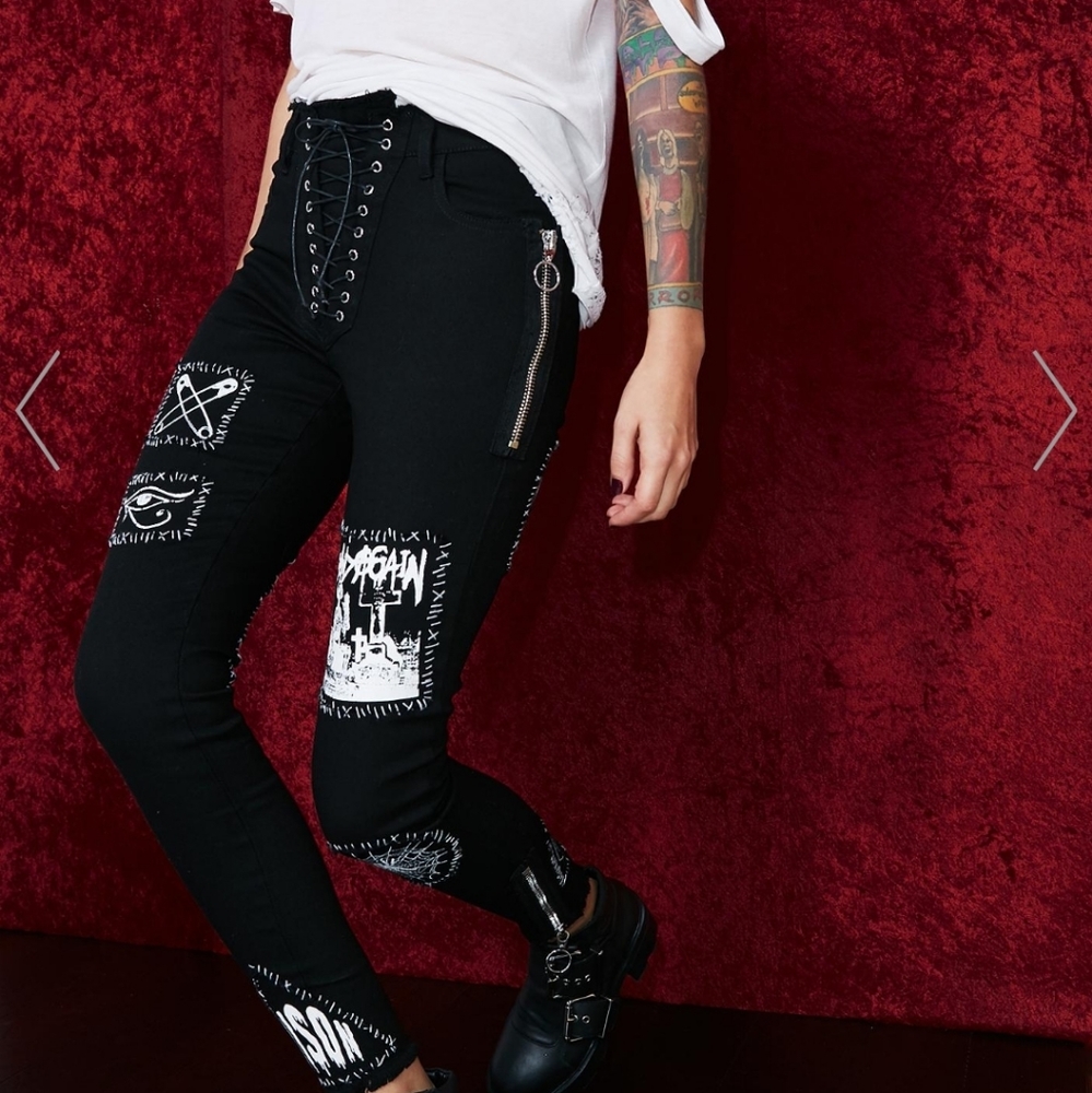 Dolls Kill Widow Stitch B*tch Lace Up Patch Pants